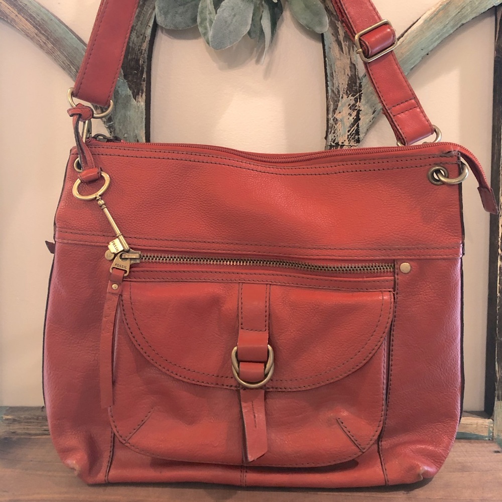 Fossil Shoulder Bag, orange leather, 🍁🍁🍁🍁